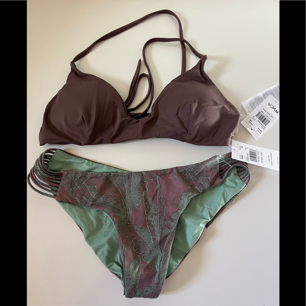 🔥🔥 RVCA Women 2 Piece Swimsuit Cross Back Top Palmer Low Cheeky Bottoms …